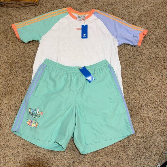 Adidas Originals Enjoy Summer Shorts & Raglan Tee Matching Set Colorblock - Picture 2 of 15